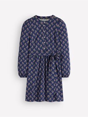Boden Long-Sleeve Navy Floral Tie-Waist Dress 16/18